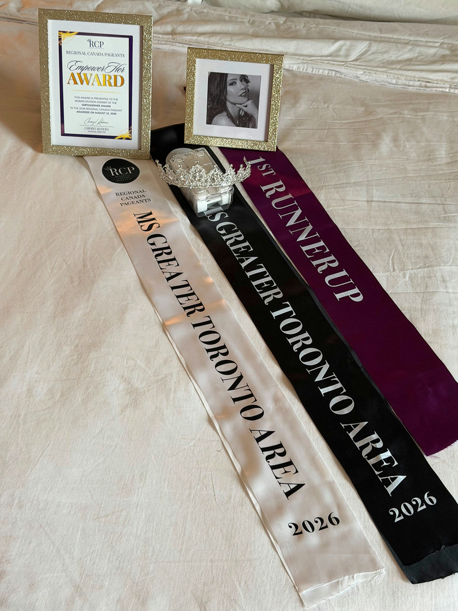 EmpowerHer Woman of Influence Award certificate alongside Rachel Dragas's 2026 sashes and crown