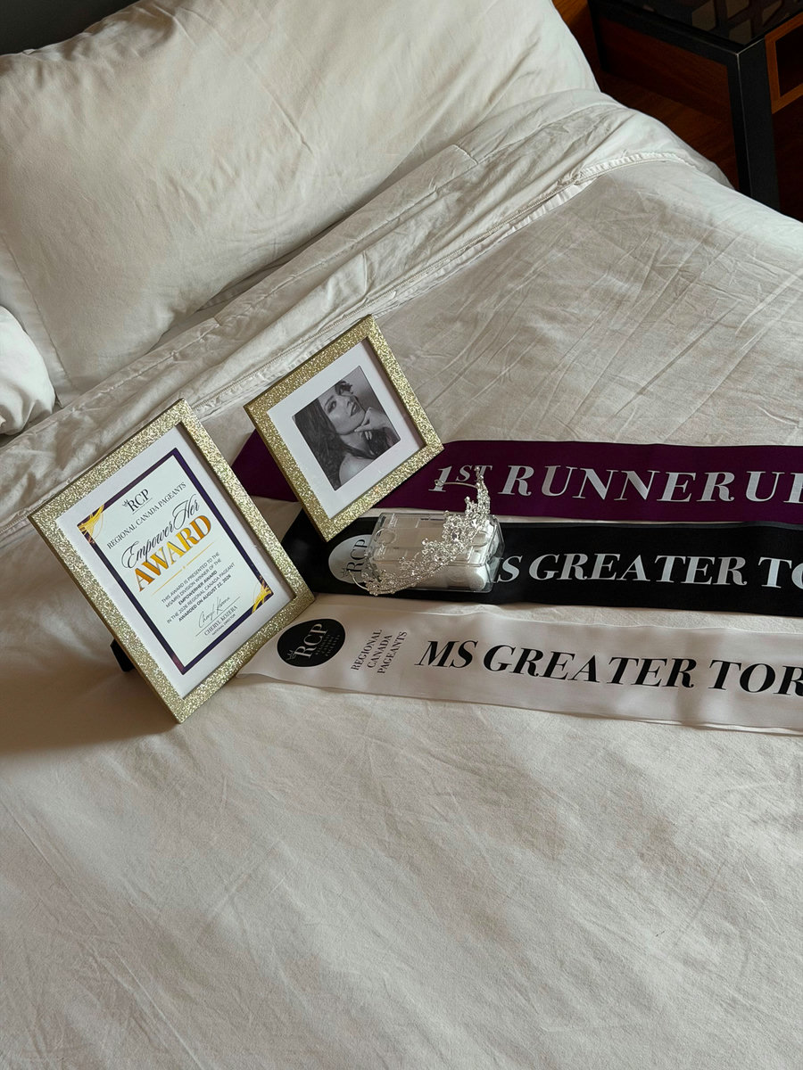 Rachel Dragas's 2026 titles: Ms. Greater Toronto Area, First Runner-Up sashes, crown, and EmpowerHer Award certificate