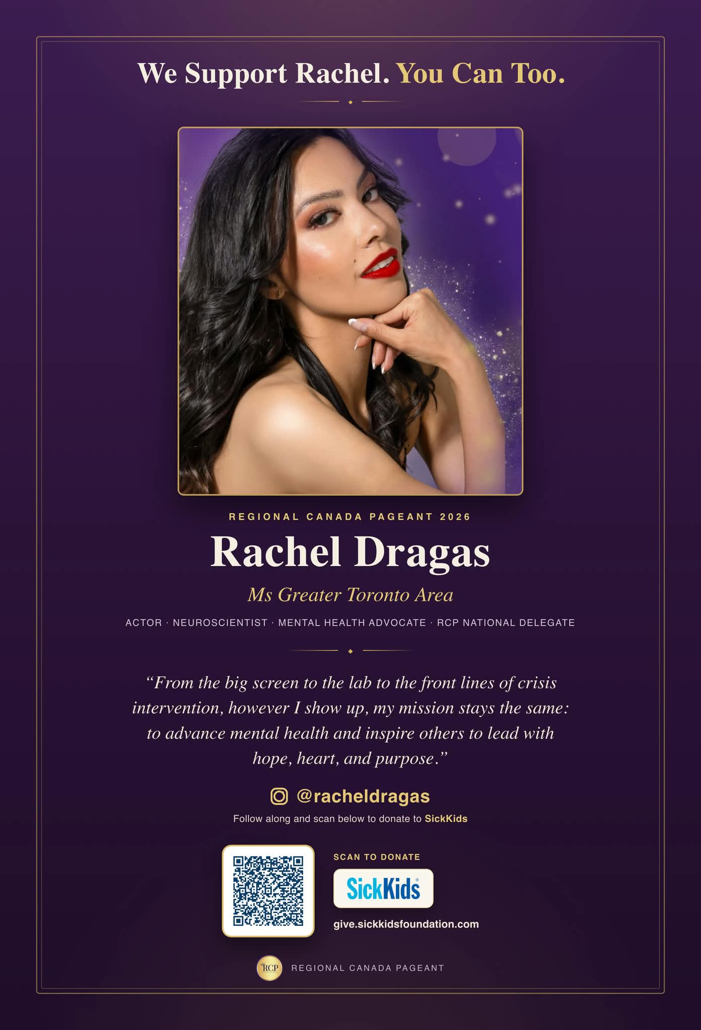 We Support Rachel supporter card with SickKids donation QR code